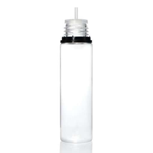 60 ml PET Clear Signature Wolf Bottle with Black Flat Cap and Pre-Inserted Tip by FH Packaging for Vape Packaging FHPKG