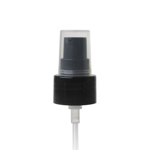 Black 24-410 Smooth Skirt Dispensing Treatment Pump with Clear Overcap and 228mm Dip Tube Cap On